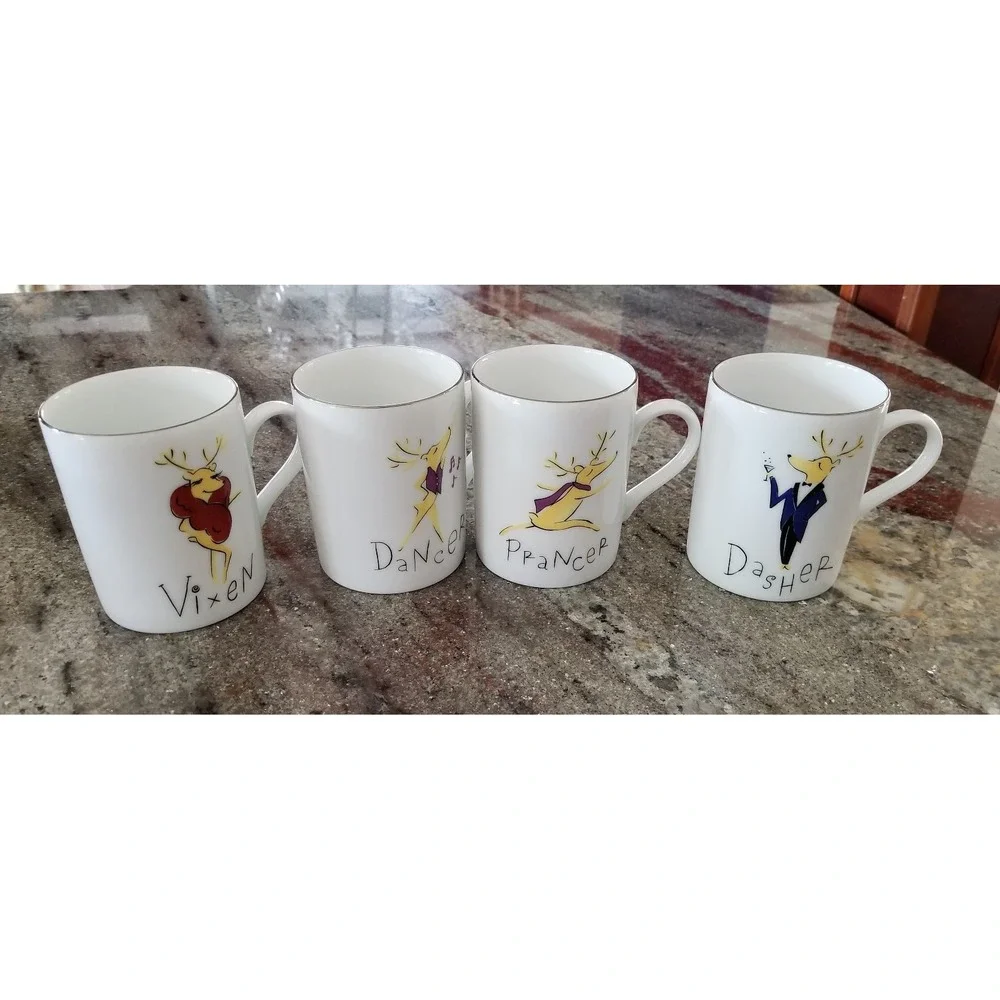 Set Of 4 Pottery Barn Reindeer Mugs Dasher, Dancer, Prancer, Vixen